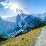 Hiking trail near Courmayeur, Italy, with mountain range in background