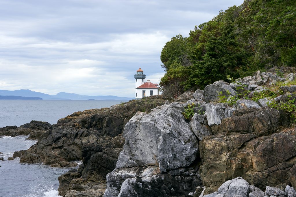 A lighthouse on a rocky shore