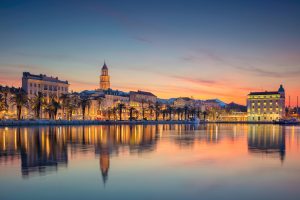 View of Croatian city skyline at dusk