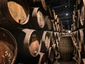View of port wine casks in a large cellar